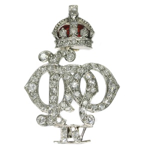 Platinum Art Deco diamond set enameled Crest of the 4th Queen s Own Hussars
